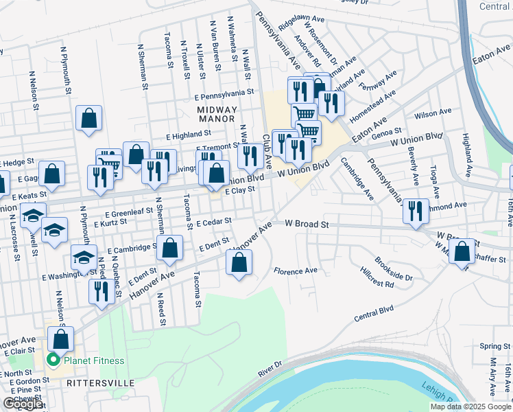 map of restaurants, bars, coffee shops, grocery stores, and more near 851 North Wahneta Street in Allentown