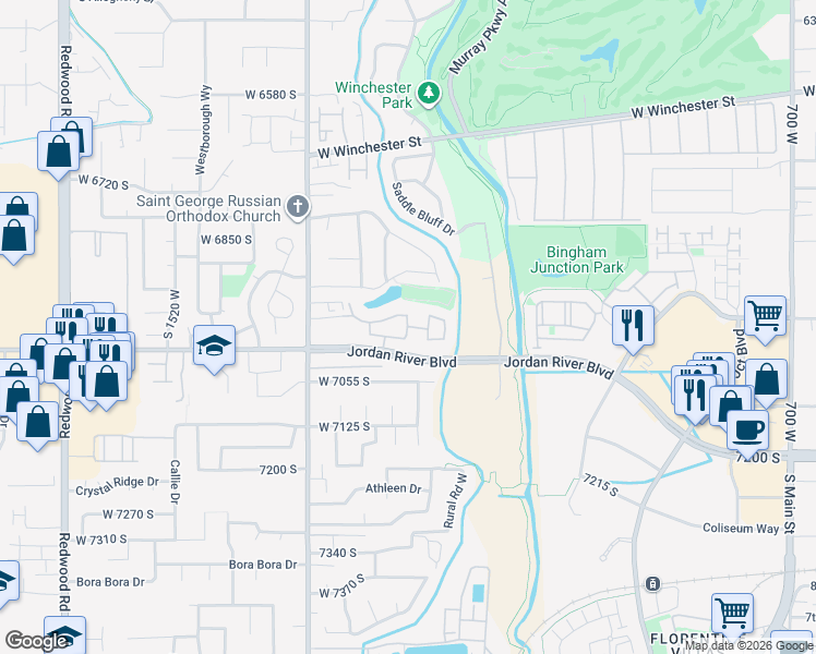 map of restaurants, bars, coffee shops, grocery stores, and more near 2321 West Harvest Hill Drive in West Jordan