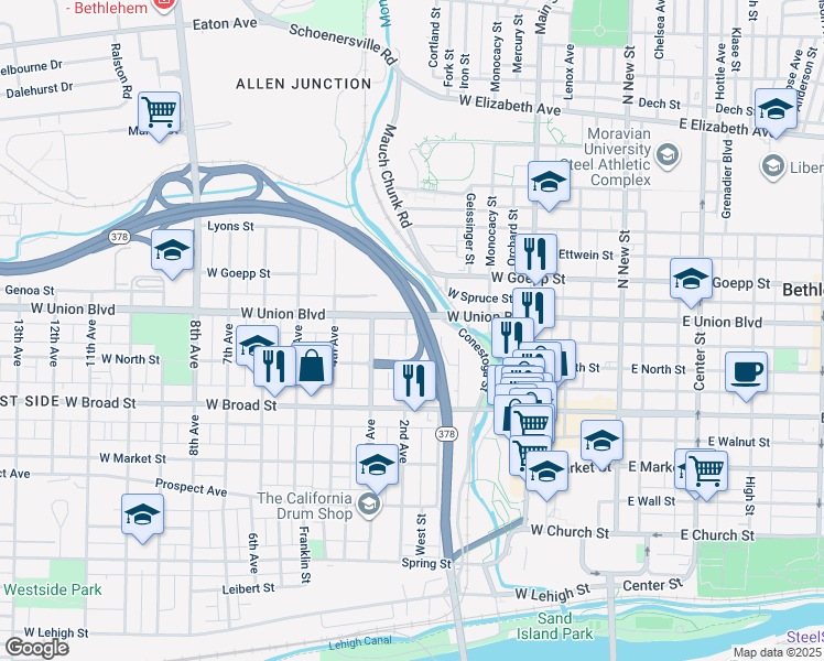 map of restaurants, bars, coffee shops, grocery stores, and more near 736 2nd Avenue in Bethlehem