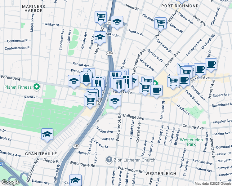 map of restaurants, bars, coffee shops, grocery stores, and more near in Staten Island