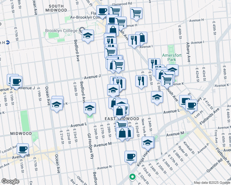 map of restaurants, bars, coffee shops, grocery stores, and more near 2460 Nostrand Avenue in Brooklyn