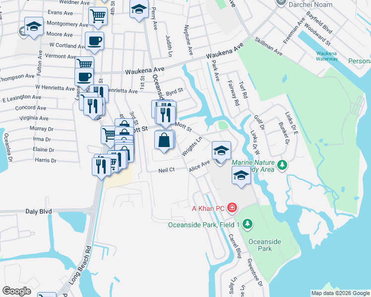 map of restaurants, bars, coffee shops, grocery stores, and more near 3580 Oceanside Road in Oceanside