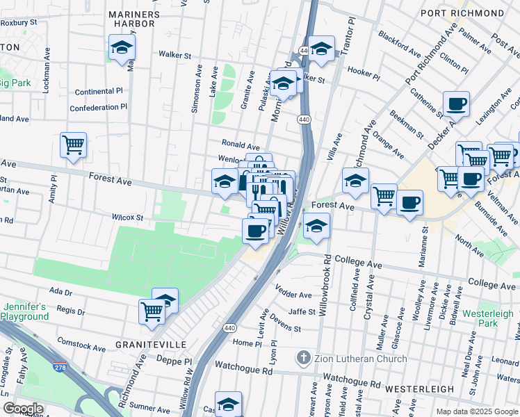 map of restaurants, bars, coffee shops, grocery stores, and more near 1774 Forest Avenue in Staten Island