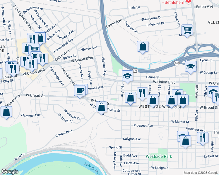 map of restaurants, bars, coffee shops, grocery stores, and more near 1745 Richmond Avenue in Bethlehem