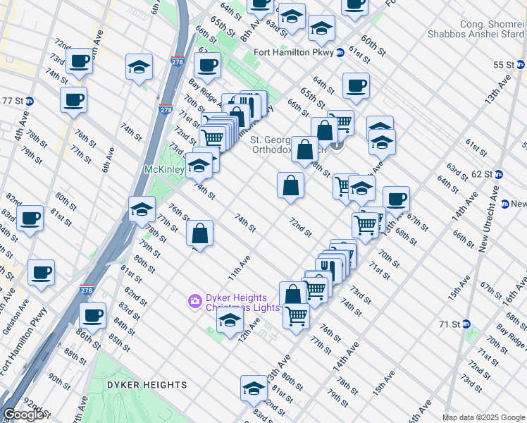 map of restaurants, bars, coffee shops, grocery stores, and more near 1056 73rd Street in Brooklyn