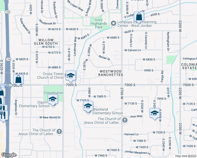 map of restaurants, bars, coffee shops, grocery stores, and more near 2909 Abbey Springs Circle in West Jordan