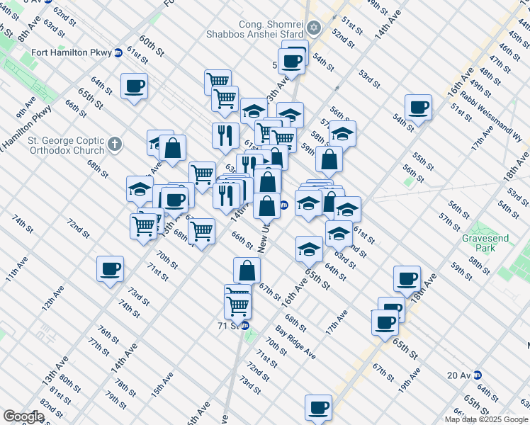 map of restaurants, bars, coffee shops, grocery stores, and more near 1436 64th Street in Brooklyn