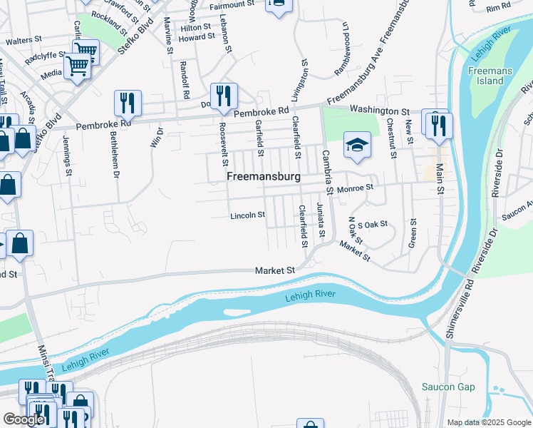 map of restaurants, bars, coffee shops, grocery stores, and more near 215 Garfield Street in Freemansburg