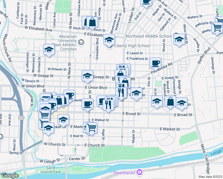 map of restaurants, bars, coffee shops, grocery stores, and more near 224 East Union Boulevard in Bethlehem