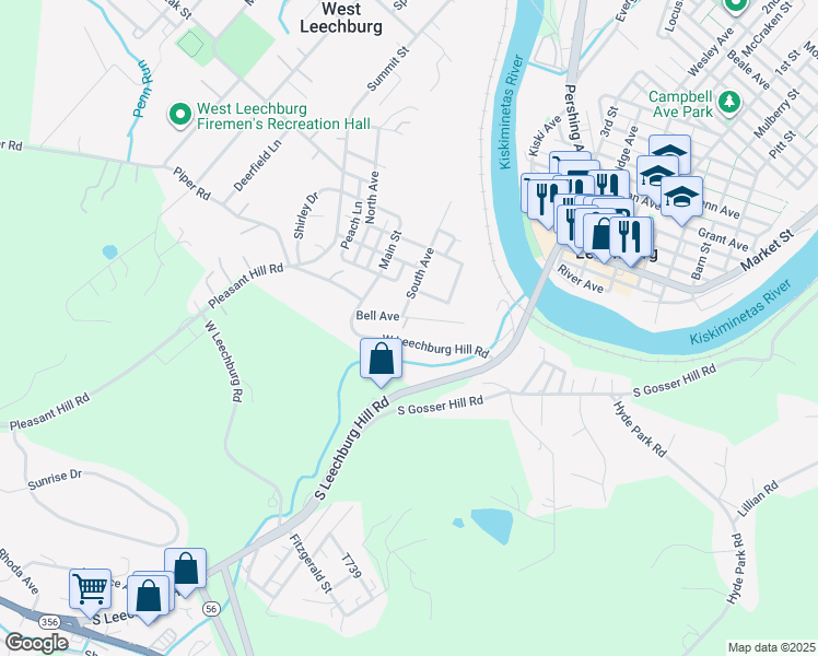 map of restaurants, bars, coffee shops, grocery stores, and more near 110 Bell Avenue in Leechburg