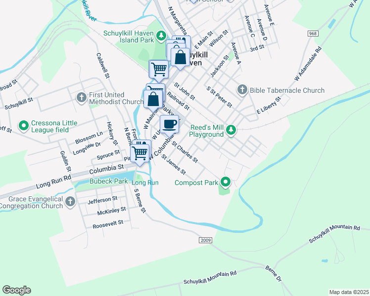 map of restaurants, bars, coffee shops, grocery stores, and more near 315 Saint Charles Street in Schuylkill Haven