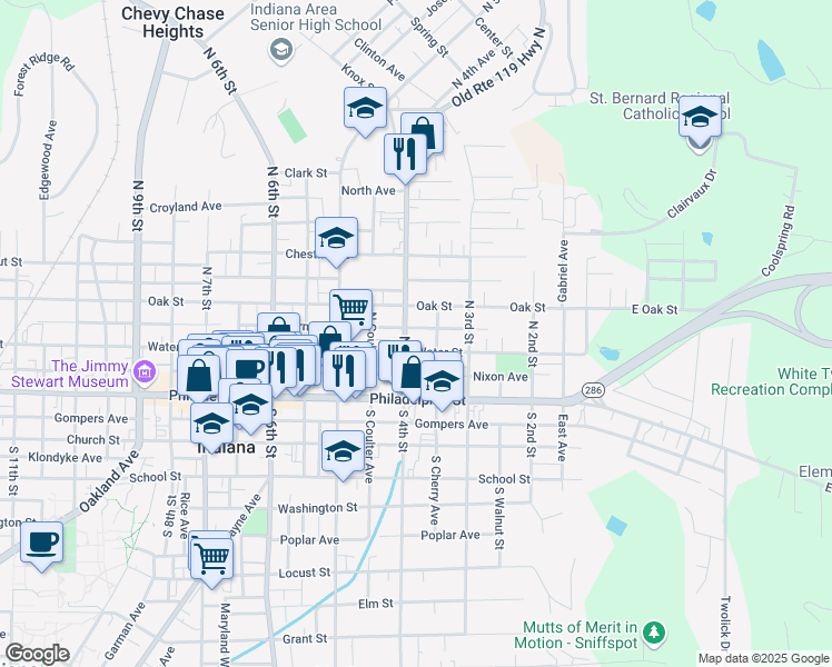 map of restaurants, bars, coffee shops, grocery stores, and more near 382 Burns Avenue in Indiana