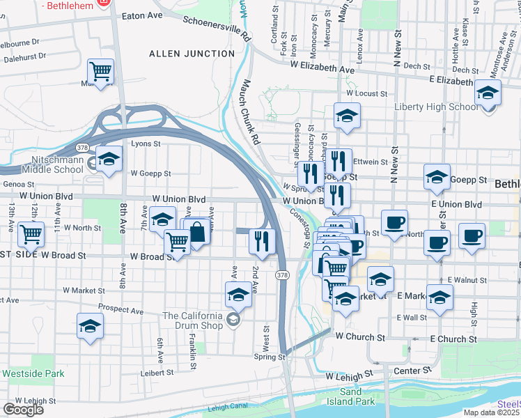 map of restaurants, bars, coffee shops, grocery stores, and more near 738 2nd Avenue in Bethlehem