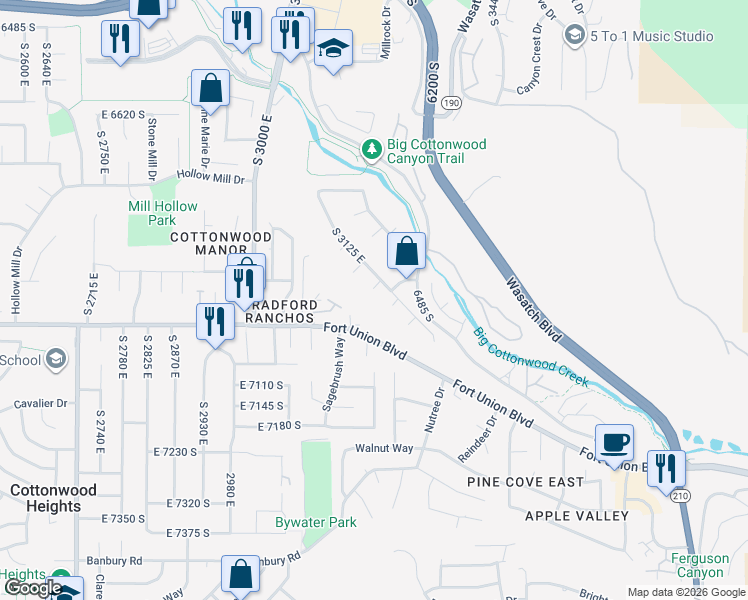 map of restaurants, bars, coffee shops, grocery stores, and more near 3247 Cara Court in Cottonwood Heights