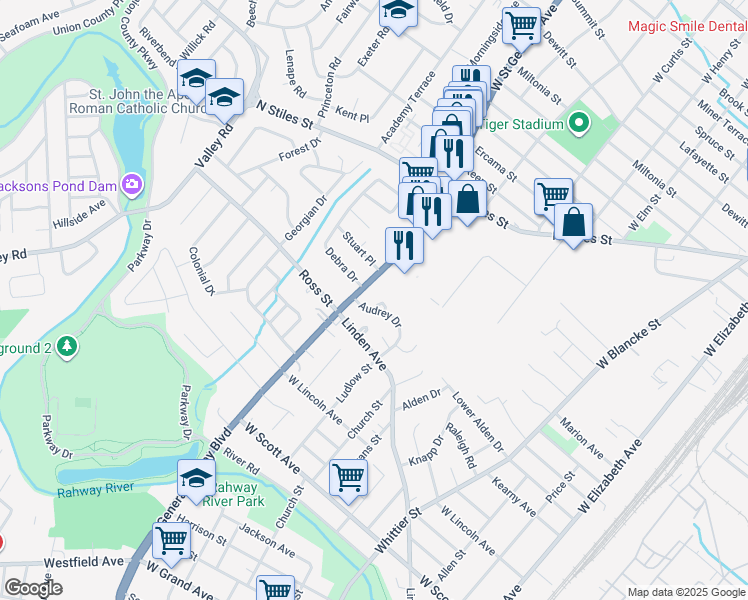map of restaurants, bars, coffee shops, grocery stores, and more near 2423 Saint Georges Avenue in Rahway