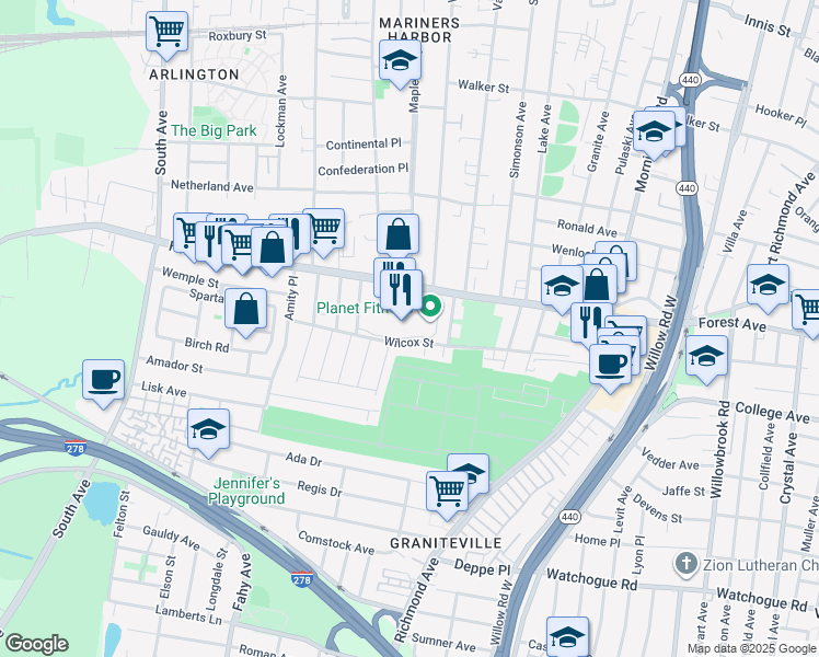 map of restaurants, bars, coffee shops, grocery stores, and more near 284 Wilcox Street in Staten Island