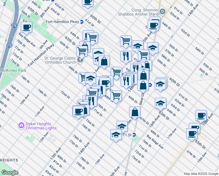 map of restaurants, bars, coffee shops, grocery stores, and more near 1305 67th Street in Brooklyn