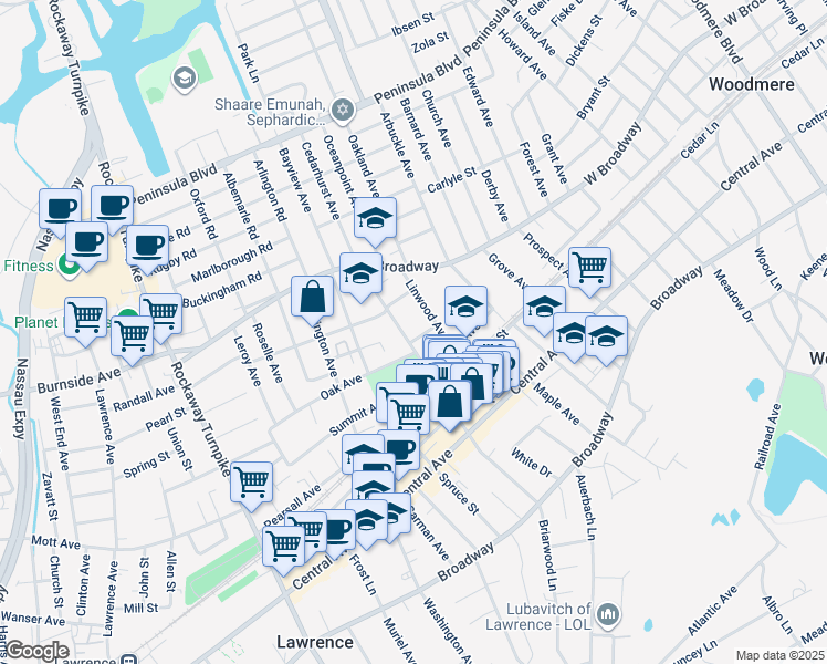 map of restaurants, bars, coffee shops, grocery stores, and more near 261 Cedarhurst Avenue in Cedarhurst