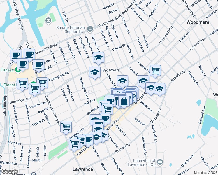 map of restaurants, bars, coffee shops, grocery stores, and more near 229 Linwood Avenue in Cedarhurst