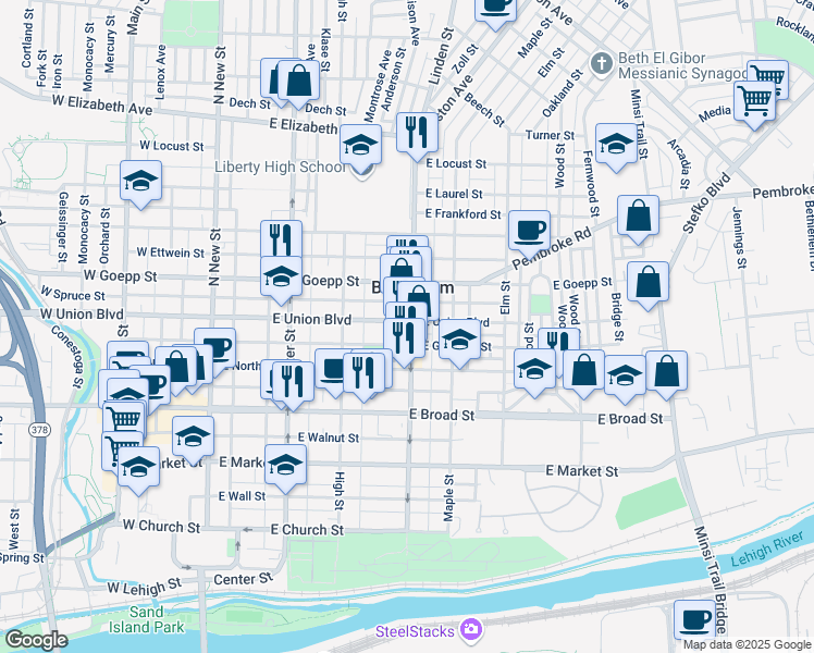 map of restaurants, bars, coffee shops, grocery stores, and more near 743 Linden Street in Bethlehem