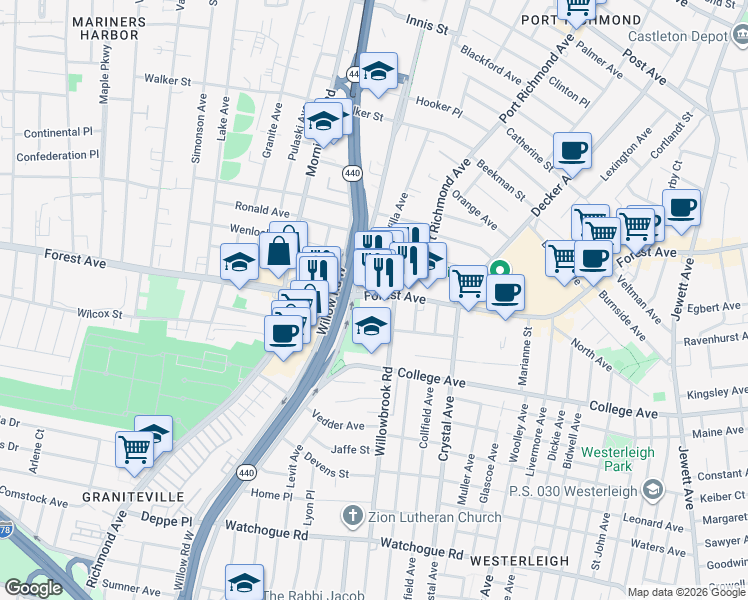 map of restaurants, bars, coffee shops, grocery stores, and more near 1686 Forest Avenue in Staten Island