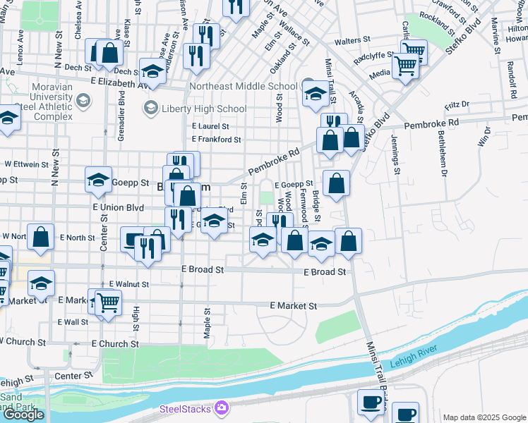 map of restaurants, bars, coffee shops, grocery stores, and more near 750 Dellwood Street in Bethlehem