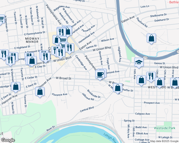 map of restaurants, bars, coffee shops, grocery stores, and more near 703 Cambridge Avenue in Bethlehem