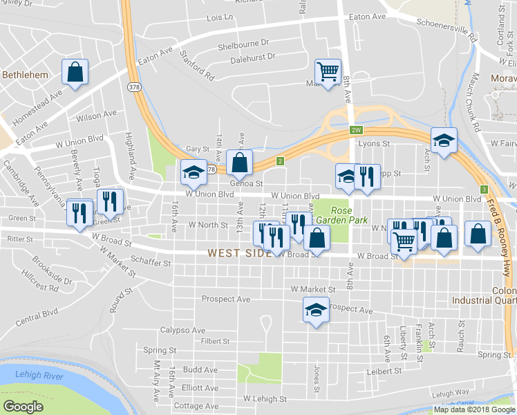 map of restaurants, bars, coffee shops, grocery stores, and more near 729 12th Avenue in Bethlehem