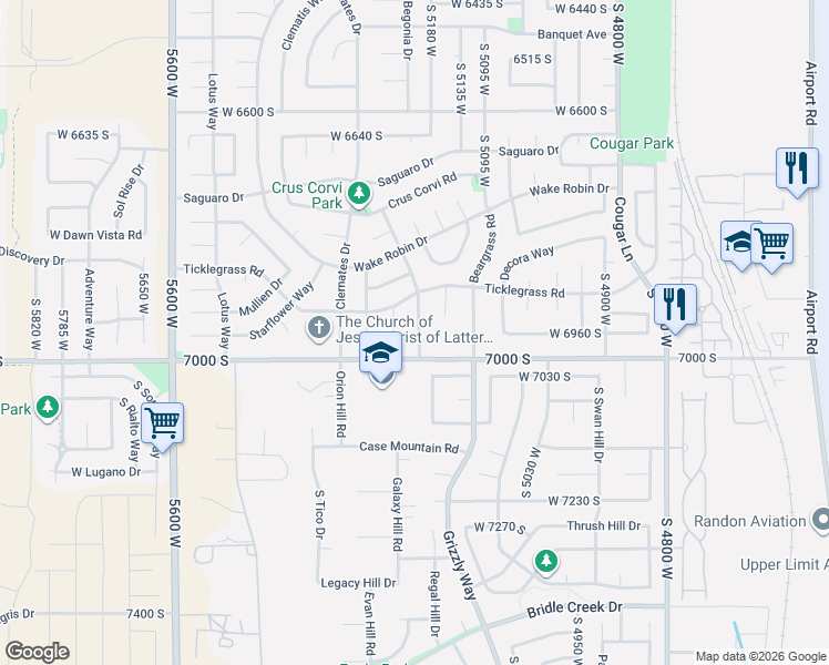 map of restaurants, bars, coffee shops, grocery stores, and more near 6961 Foxflower Court in West Jordan