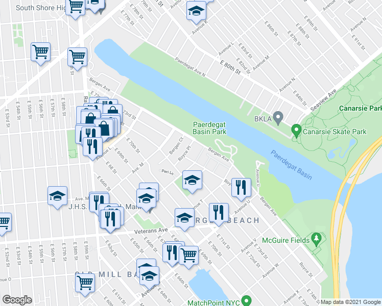 map of restaurants, bars, coffee shops, grocery stores, and more near 1411 Royce Street in Brooklyn