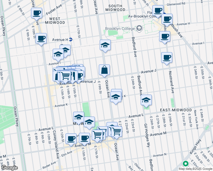 map of restaurants, bars, coffee shops, grocery stores, and more near 1535 Ocean Avenue in Brooklyn