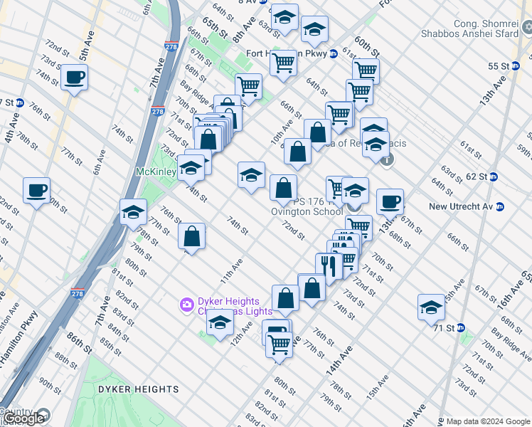 map of restaurants, bars, coffee shops, grocery stores, and more near 7201 11th Avenue in Brooklyn
