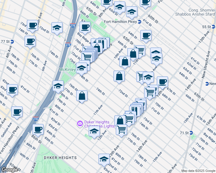 map of restaurants, bars, coffee shops, grocery stores, and more near 1056 73rd Street in Brooklyn