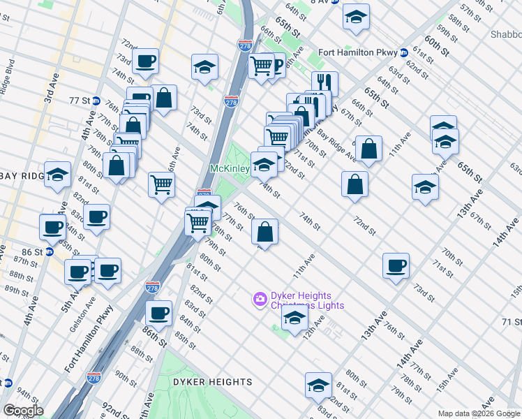 map of restaurants, bars, coffee shops, grocery stores, and more near 948 76th Street in Brooklyn