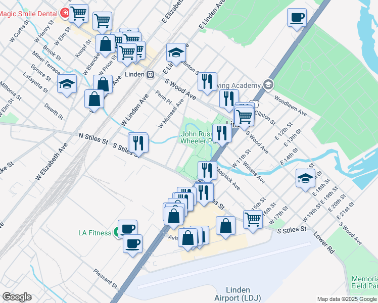 map of restaurants, bars, coffee shops, grocery stores, and more near 307 Kennedy Drive in Linden