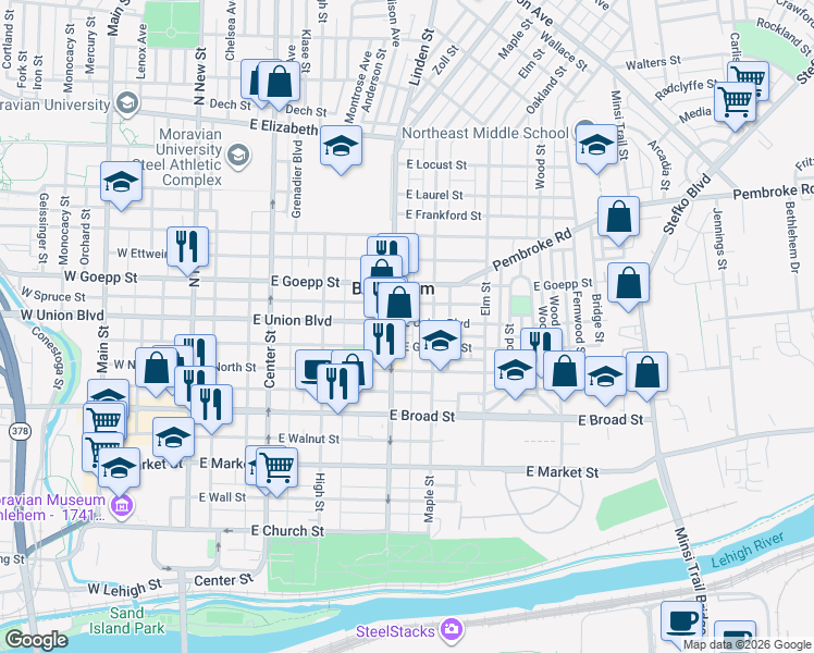 map of restaurants, bars, coffee shops, grocery stores, and more near 739 Linden Street in Bethlehem