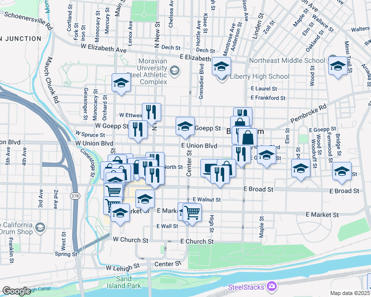 map of restaurants, bars, coffee shops, grocery stores, and more near 732 Center Street in Bethlehem