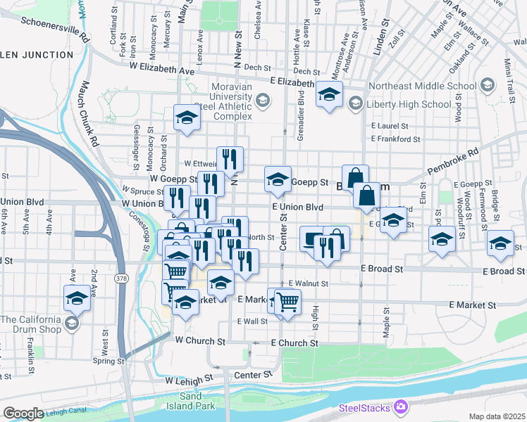 map of restaurants, bars, coffee shops, grocery stores, and more near 47 East Garrison Street in Bethlehem