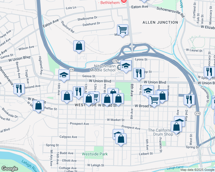 map of restaurants, bars, coffee shops, grocery stores, and more near 716 11th Avenue in Bethlehem