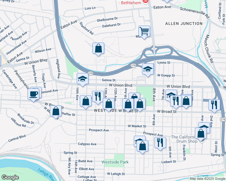 map of restaurants, bars, coffee shops, grocery stores, and more near 713 12th Avenue in Bethlehem