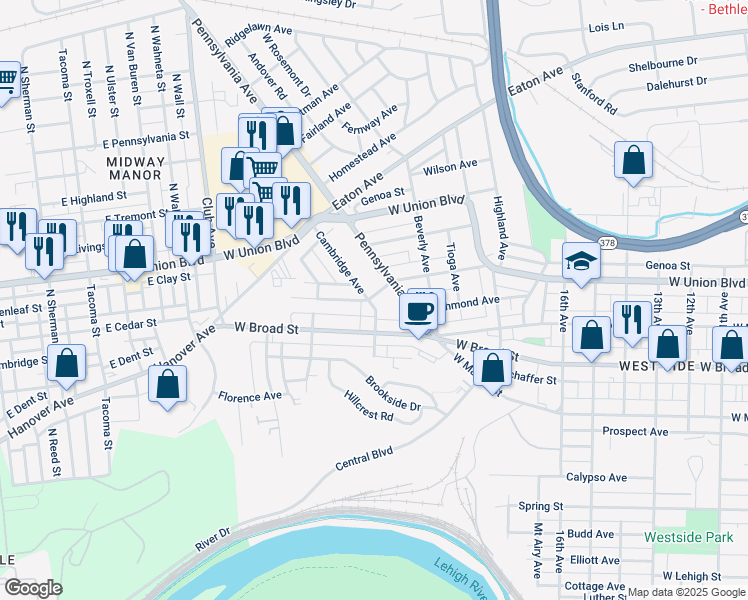 map of restaurants, bars, coffee shops, grocery stores, and more near 703 Cambridge Avenue in Bethlehem