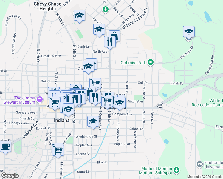 map of restaurants, bars, coffee shops, grocery stores, and more near 405 Water Street in Indiana