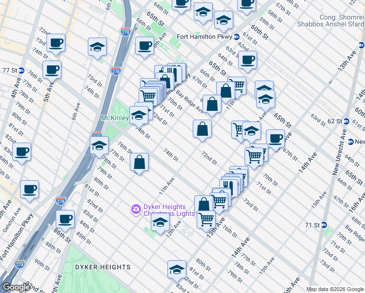 map of restaurants, bars, coffee shops, grocery stores, and more near 1056 73rd Street in Brooklyn
