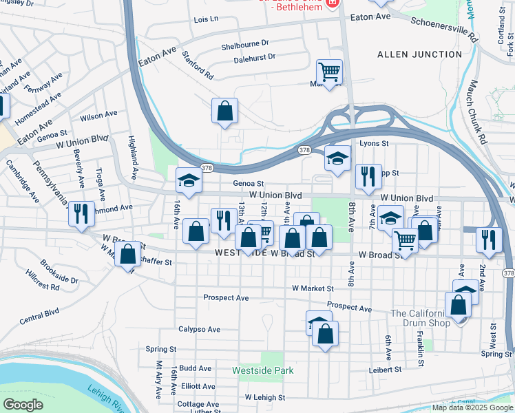 map of restaurants, bars, coffee shops, grocery stores, and more near 713 12th Avenue in Bethlehem