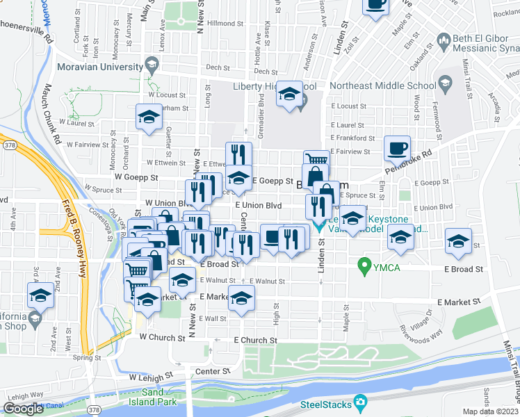 map of restaurants, bars, coffee shops, grocery stores, and more near 124 East Union Boulevard in Bethlehem