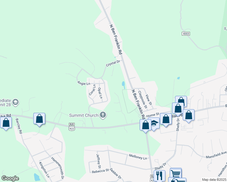 map of restaurants, bars, coffee shops, grocery stores, and more near 42 Wolf Run Drive in Indiana