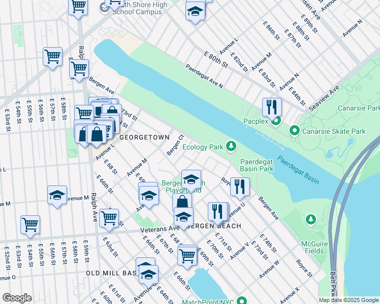 map of restaurants, bars, coffee shops, grocery stores, and more near 1411 Royce Street in Brooklyn