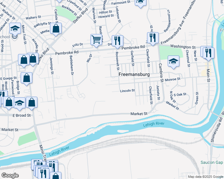 map of restaurants, bars, coffee shops, grocery stores, and more near 1019 Lincoln Street in Freemansburg