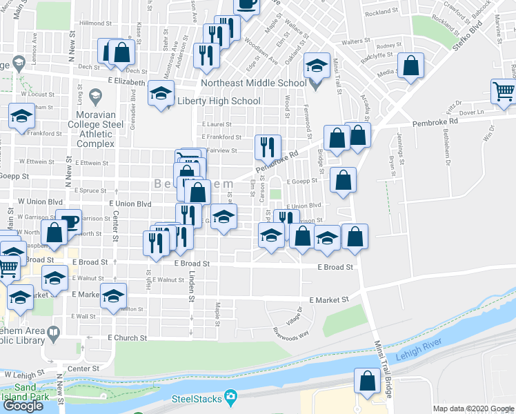 map of restaurants, bars, coffee shops, grocery stores, and more near 524 East Union Boulevard in Bethlehem