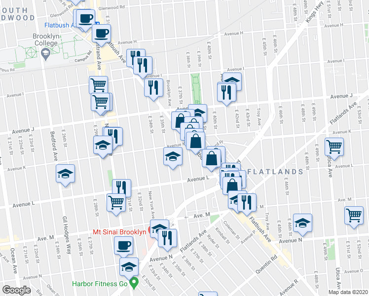 map of restaurants, bars, coffee shops, grocery stores, and more near 3614 Avenue K in Brooklyn